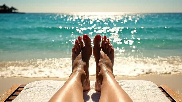 Horizontal POV shot of woman feet resting on a sunbed with white towel by sparkling turquoise sea. Peaceful summer vacation at a luxury beach resort with bright ocean sunlight and gentle waves.