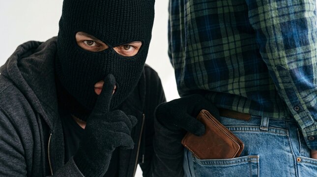 Detailed view of a masked criminal in black gloves pulling a brown leather wallet from a man back pocket while looking at the camera with a shushing sign.