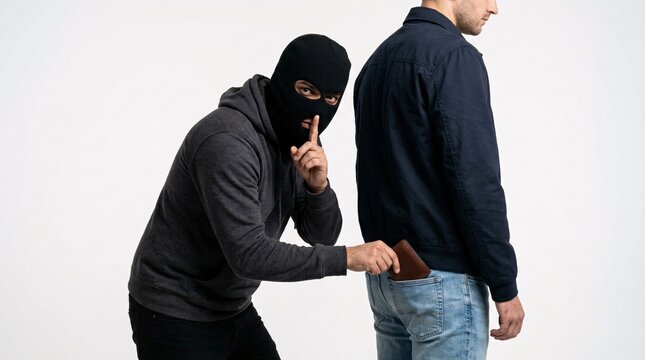 A hooded thief in a black balaclava stealing a brown leather wallet from a man back jeans pocket while gesturing silence against a white backdrop.