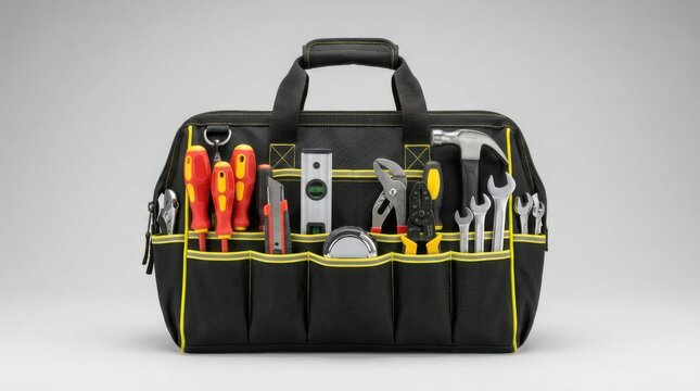 Tool bag with construction tools. Professional equipment for repair and maintenance work.
