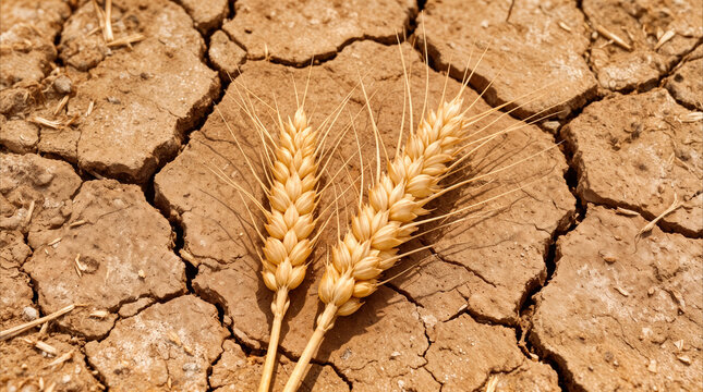 Wheat ears lying on parched cracked earth. Agricultural crisis and extreme drought concept.