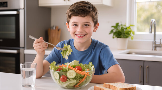 School-age boy eating fresh vegetable salad in modern kitchen. Healthy childhood nutrition and balanced diet concept.