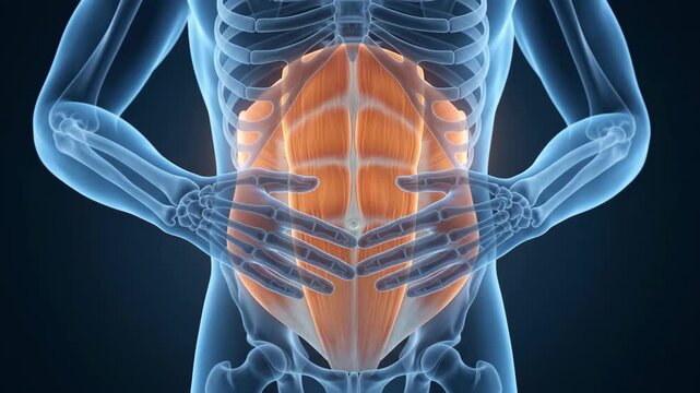 Anatomical visualization of human abdominal muscles with glowing pain