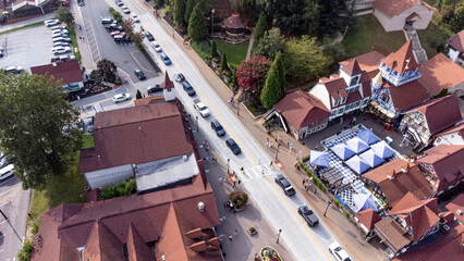 Aerial view of the German theme tourist town of Helen, Geeorgia. on a sunny day. © Wollwerth Imagery