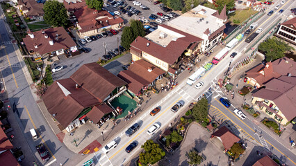 Aerial view of the German theme tourist town of Helen, Geeorgia. on a sunny day. © Wollwerth Imagery