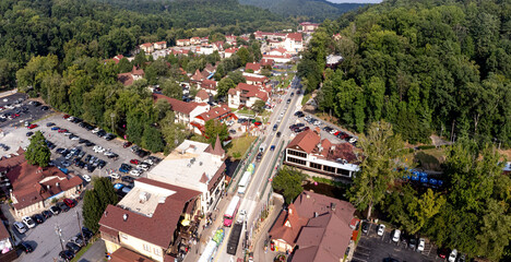 Aerial view of the German theme tourist town of Helen, Geeorgia. on a sunny day. © Wollwerth Imagery