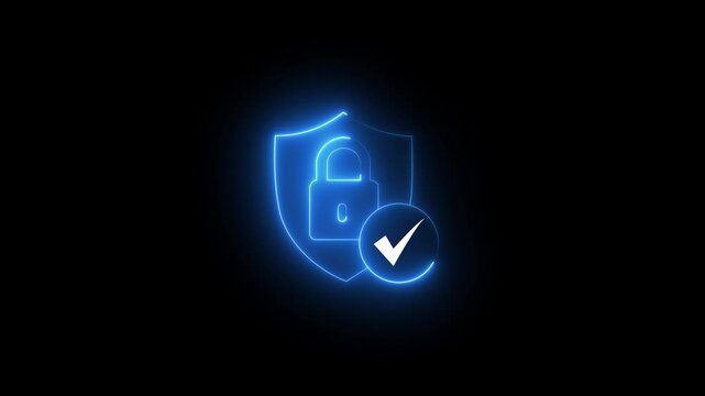 Glowing neon blue color lock animation icon security privacy password protection safety animated on black background. neon security and tick mark signs animation concept. 4k