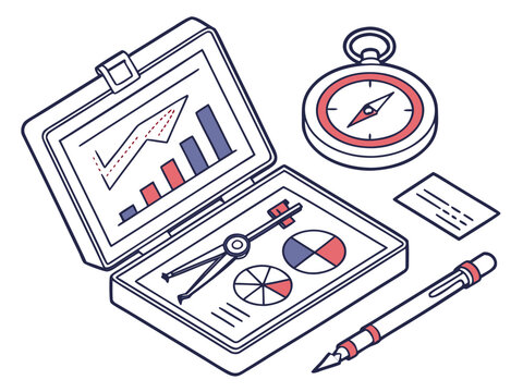 a strategic toolkit containing a target, roadmap, analytics chart, and decision compass; a business blueprint being measured with precision tools; a strategy board connecting objectives to actions; an