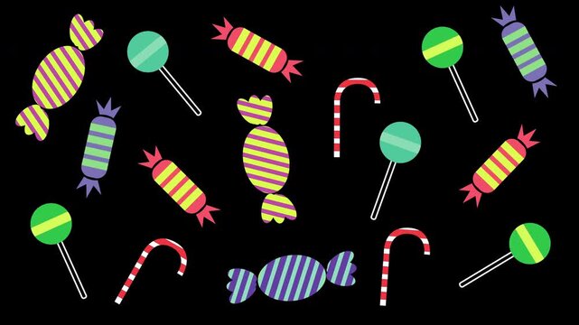 Colorful animated candy pattern loop on black background