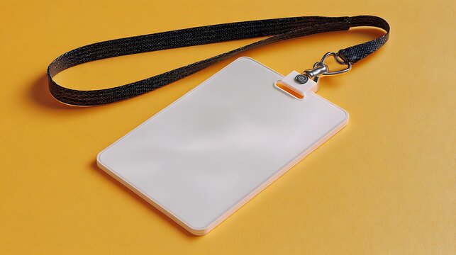 Blank white plastic ID card or name tag with a black lanyard neck strap isolated on an orange background.