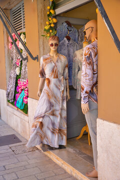 Fashion mannequins outside boutique in Rovinj, Croatia.
