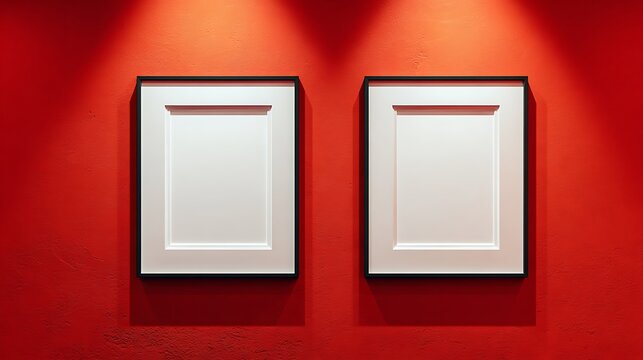 Two empty white frames hanging on a vibrant red textured wall with spotlight lighting