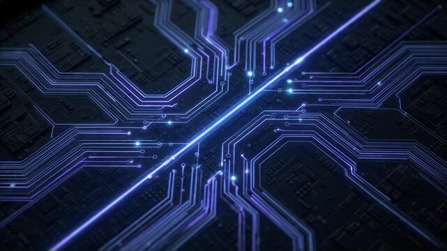 Electric Current Flowing Through Glowing Blue Circuit Board, Macro Technology Background
