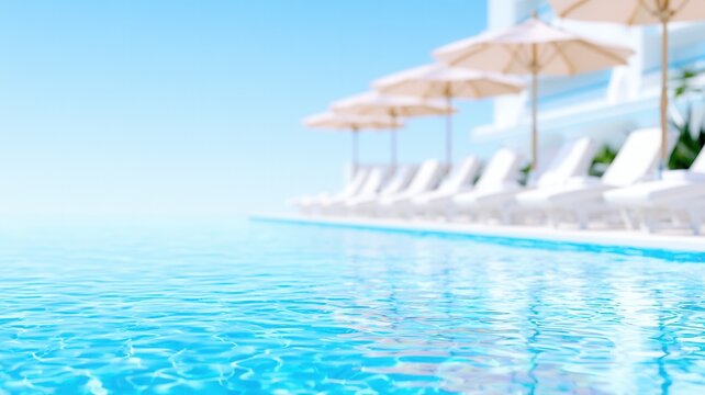 Infinity swimming pool water shimmering under a clear blue sky a blurred luxury resort background inviting summer relaxation