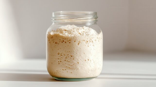 Sourdough starter dough bubbling in glass jar fermentation process for homemade healthy bread making