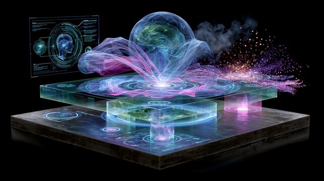 Digital graphics display showing abstract data visualization with holographic elements on a black background