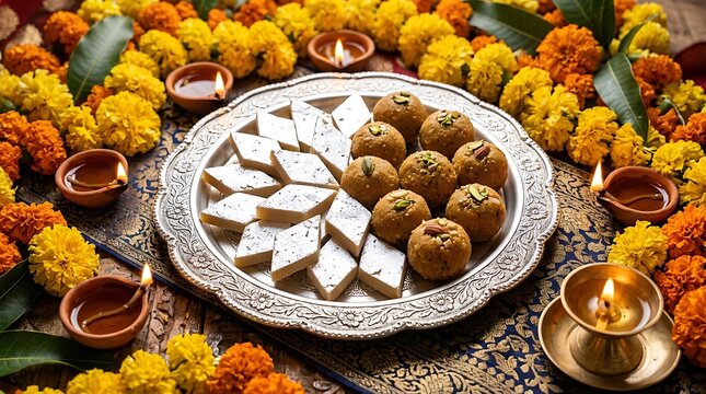 A silver platter filled with traditional indian sweets kaju katli and laddu surrounded by marigold flowers and lit oil lamps