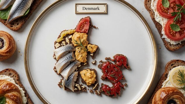 Flat lay plate danish food white gold rim has nameplate reads denmark there several slices bread different typ