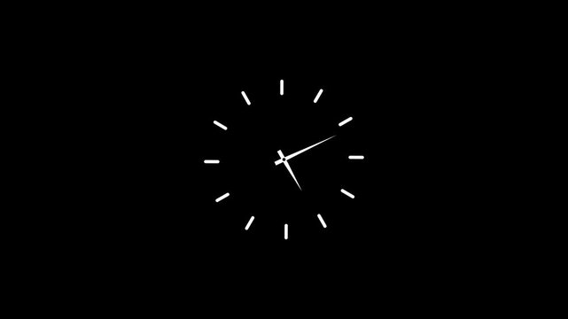 Minimalist white analog clock face rotating fast motion time lapse on solid black background, for business deadline, concepts, productivity tracking, and dynamic time, management visual presentations