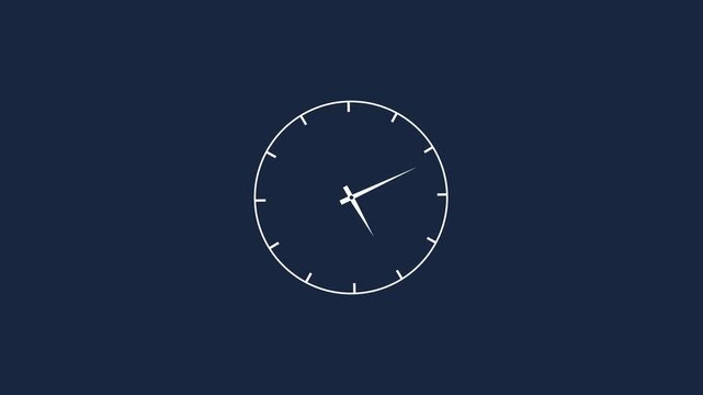 Minimalist analog wall clock animation featuring smoothly rotating clock hands on a solid dark blue background, representing time passing, deadlines, efficiency, and precise scheduling
