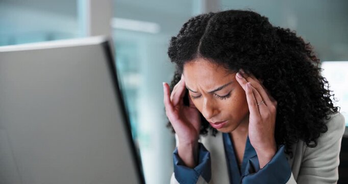 Computer, headache and woman with burnout in office, corporate workload or stress for tax deadline. Migraine, accountant and person with pain, financial shortage or fatigue with audit error on tech