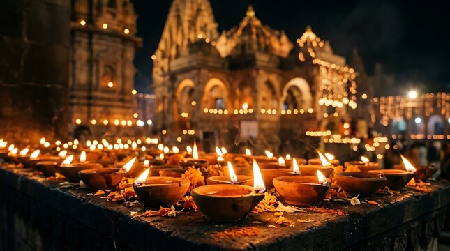 Traditional clay oil lamps glowing brightly during a spiritual evening prayer ceremony at an ancient hindu temple in varanasi india