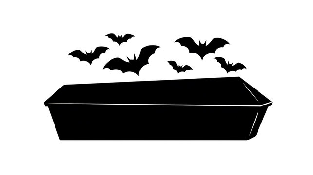 A black coffin with bats flying around it, set against a white background. A spooky, gothic illustration for Halloween or horror themes
