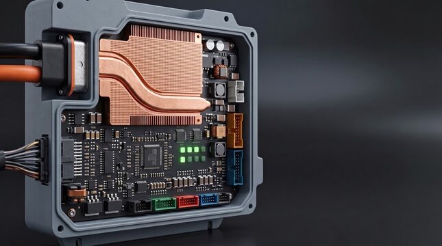 Electric vehicle battery management system BMS module 3D illustration with copy space