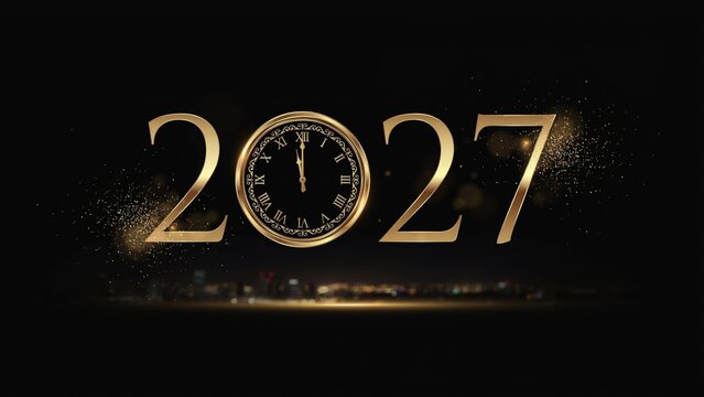 Golden 2027 new year greeting with a clock face zero representing the future countdown on black background