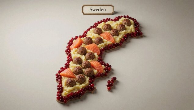 Rendering map sweden made food small pieces arranged shape country's capital city word written letters top ite