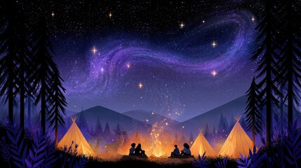 Fototapeta premium Camping under the stars with warm campfire and bright tents in a mountain area at night