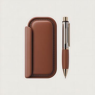 Elegant brown leather pen holder with a metallic and brown pen sidebyside for professional use