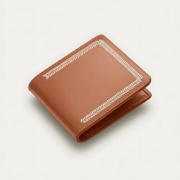 Elegant tan leather bifold wallet with white decorative stitching isolated on a light background
