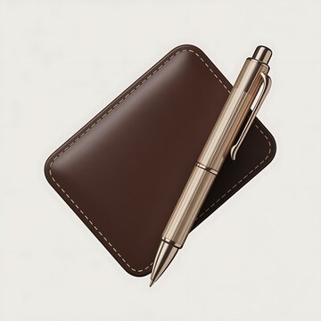 Elegant brushed metal pen resting on a diamondshaped brown leather cardholder with dashed stitching