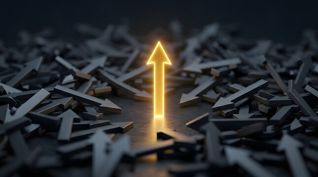 A single glowing yellow arrow pointing upwards standing out from a pile of dark grey arrows
