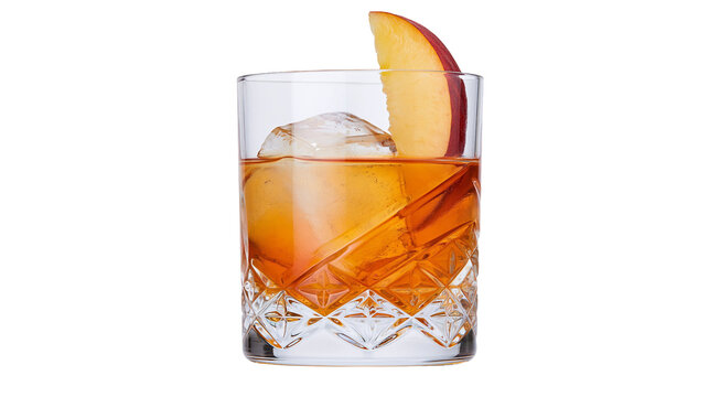 Amber cocktail with ice and peach slice, isolated on transparent background