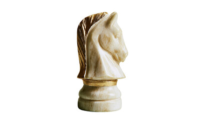 Elegant marble chess knight with golden mane and base, isolated on transparent background © Evans