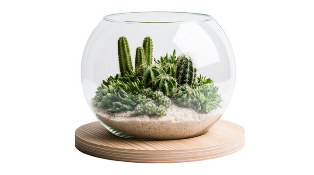 Assortment of green cacti and succulents in a glass terrarium, isolated on transparent background