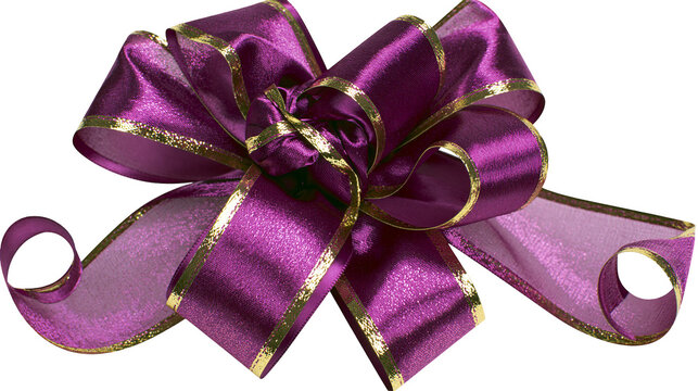 Shiny purple ribbon bow with gold trim, isolated on transparent background