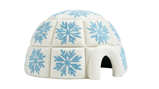 Fluffy white igloo with blue snowflake patterns, isolated on transparent background