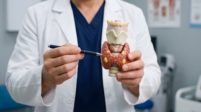 Doctor holding an anatomical model of the human thyroid gland and pointing at it with a pen