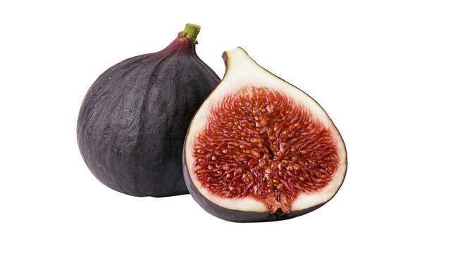 Whole dark purple fig and half fig showing red pulp and seeds, isolated on transparent background