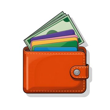 Orange leather wallet filled with colorful credit cards and paper money isolated on white background