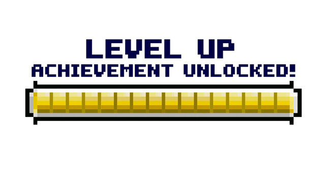 Pixelated Level Up Achievement Unlocked text with progress bar, isolated on transparent background