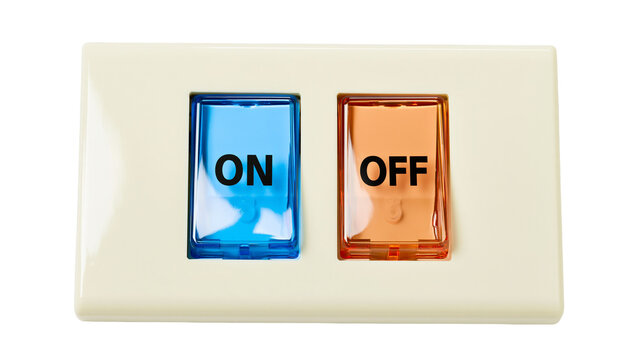 Cream colored light switch plate with blue ON and orange OFF toggles, isolated on transparent background