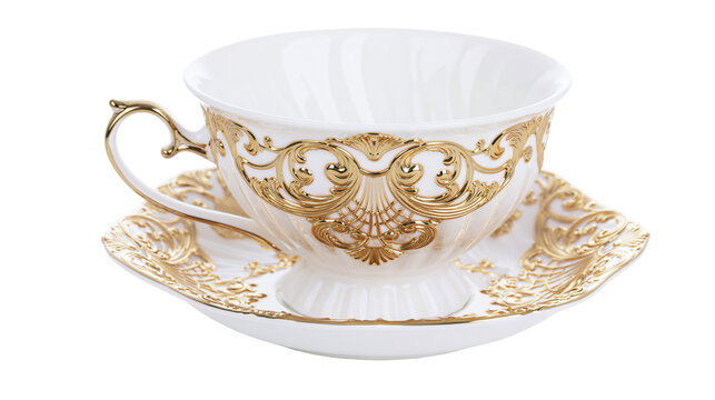 Elegant white porcelain teacup with ornate gold filigree, isolated on transparent background
