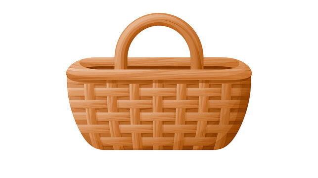 Woven wicker basket with curved handle, isolated on transparent background