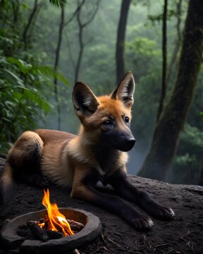 A maned wolf pup  , digitally created fantasy animal, generative ai, astral void landscape