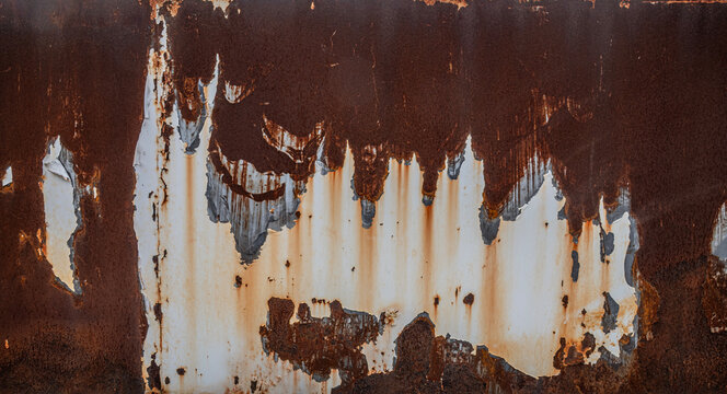 Heavily Rusted Metal Surface with Peeling White Paint.
