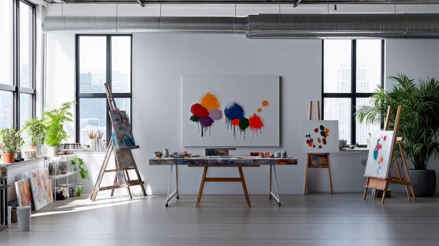 Bright empty art studio with easels and abstract paintings in a spacious modern interior